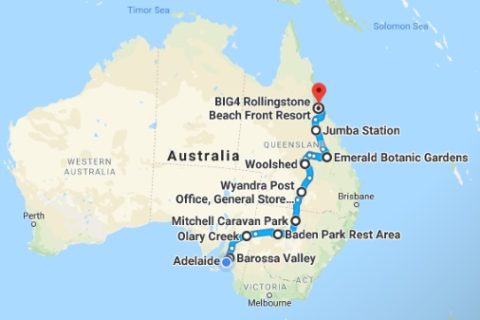 Proposed route from Adelaide, SA to Rollingstone, Qld